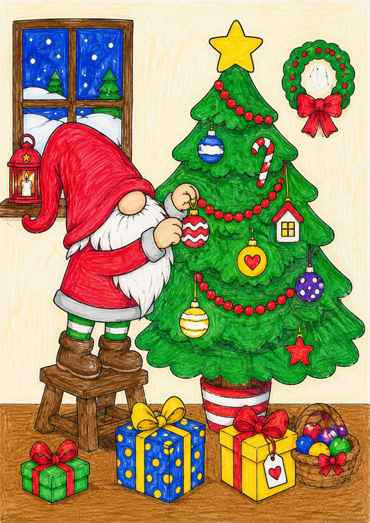 målarbild nisse klär julgran i färg
