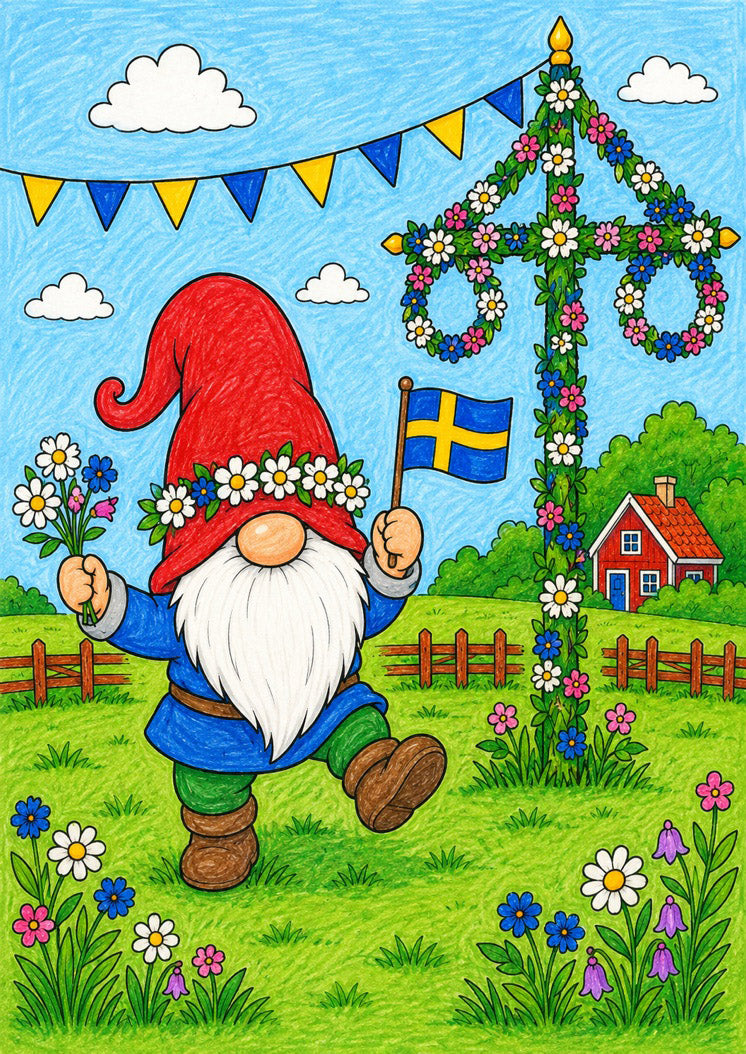 målarbild nisse firar midsommar i färg