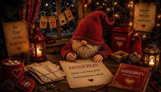 En nisse sitter och fungerar på nissebus i ett juligt rum
