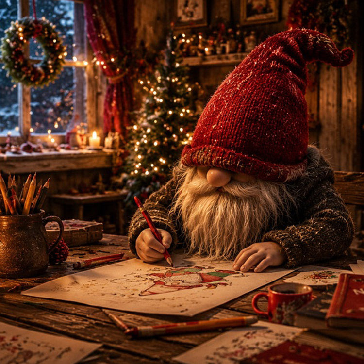 Nissen färglägger en målarbild av en tomte