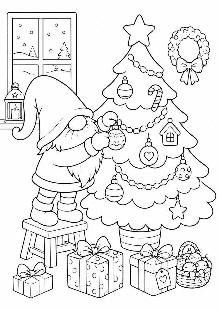 målarbild nisse klär julgran