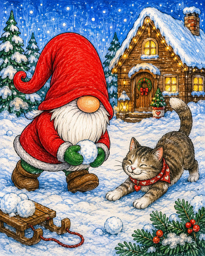 Målarmed med Nisse och katt i färg