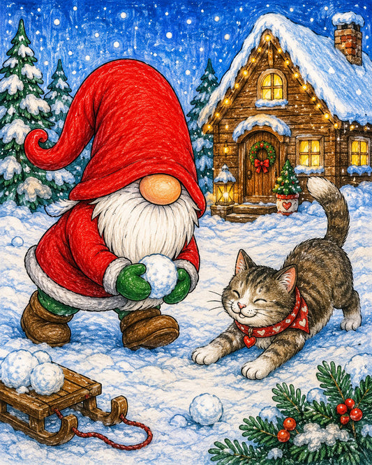 Målarmed med Nisse och katt i färg