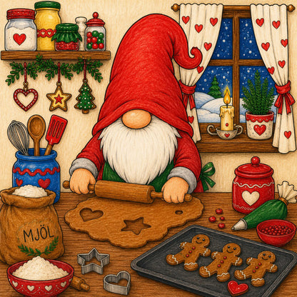 Målarbild 2 med nisse som bakar pepparkakor i färg