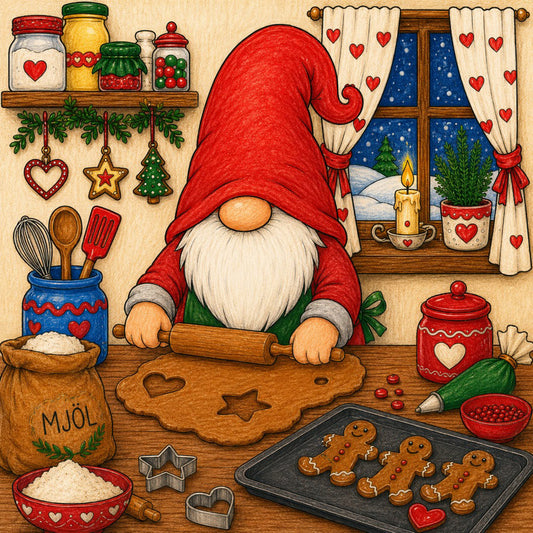 Målarbild 2 med nisse som bakar pepparkakor i färg