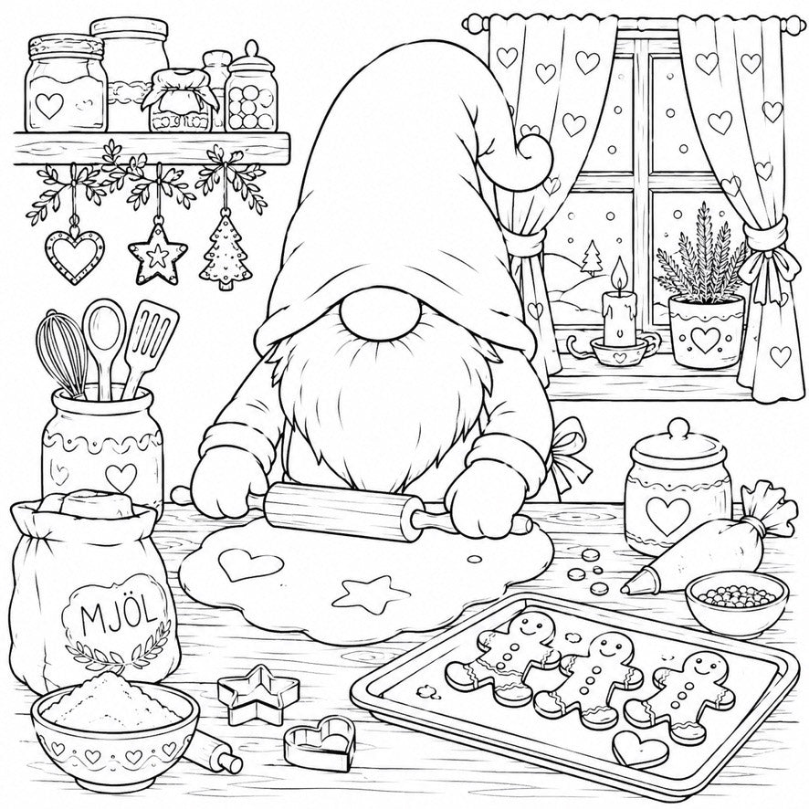 Målarbild 2 med nisse som bakar pepparkakor