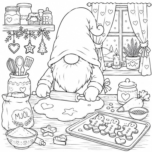 Målarbild 2 med nisse som bakar pepparkakor