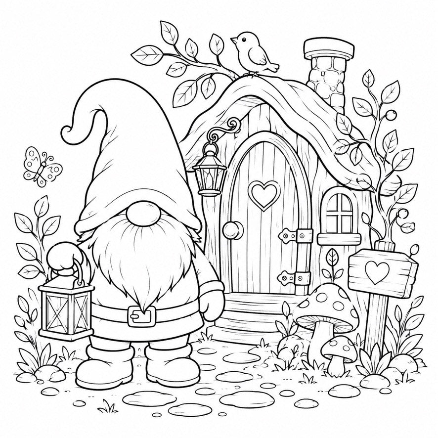 Målarbild med nisse vid en stuga