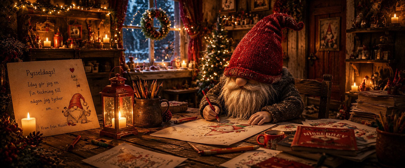 Nissen färglägger en målarbild i ett rum med julstämning och tända ljus
