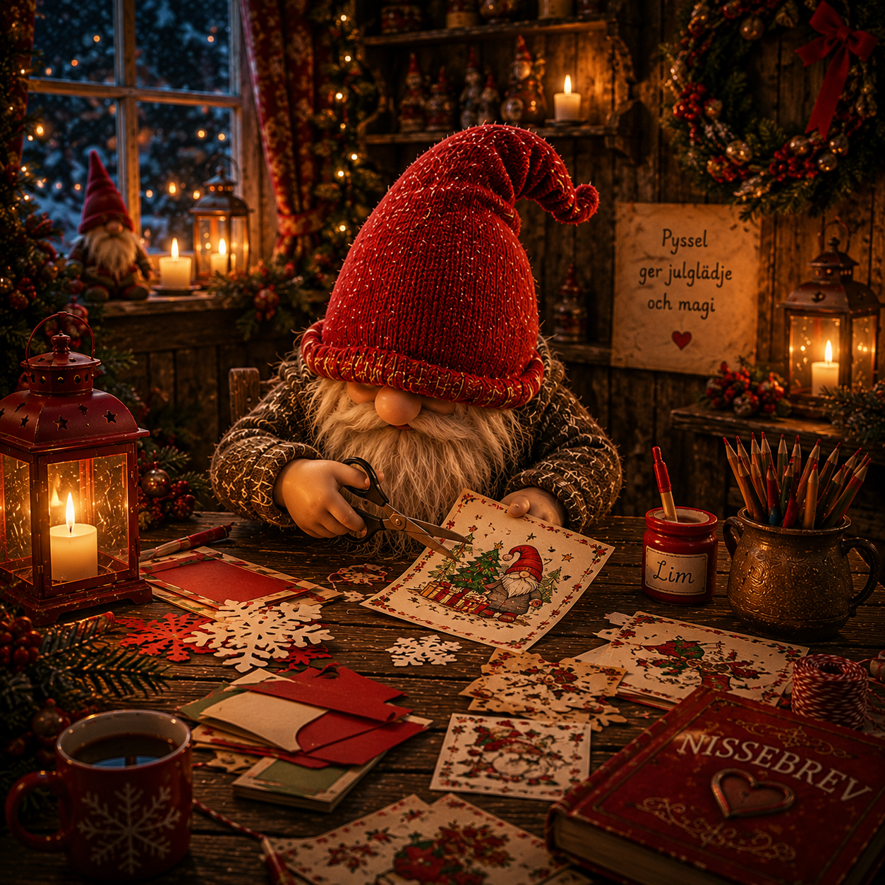 Nissen klipper ut ett julmotiv med en sax i ett rum med varma och mysiga färger