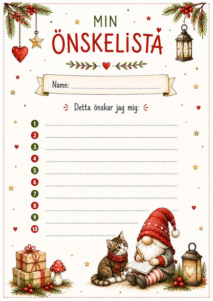 önskelista till tomten med en nisse och en katt