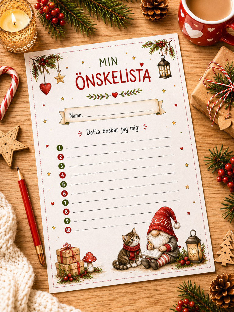 Önskelista till tomten på ett bord  med nissen och en katt