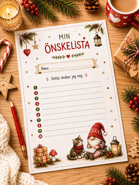 Önskelista till tomten på ett bord  med nissen och en katt