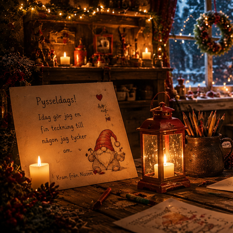 Ett brev där det står pysseldags i ett rum med varm och mysig julstämning